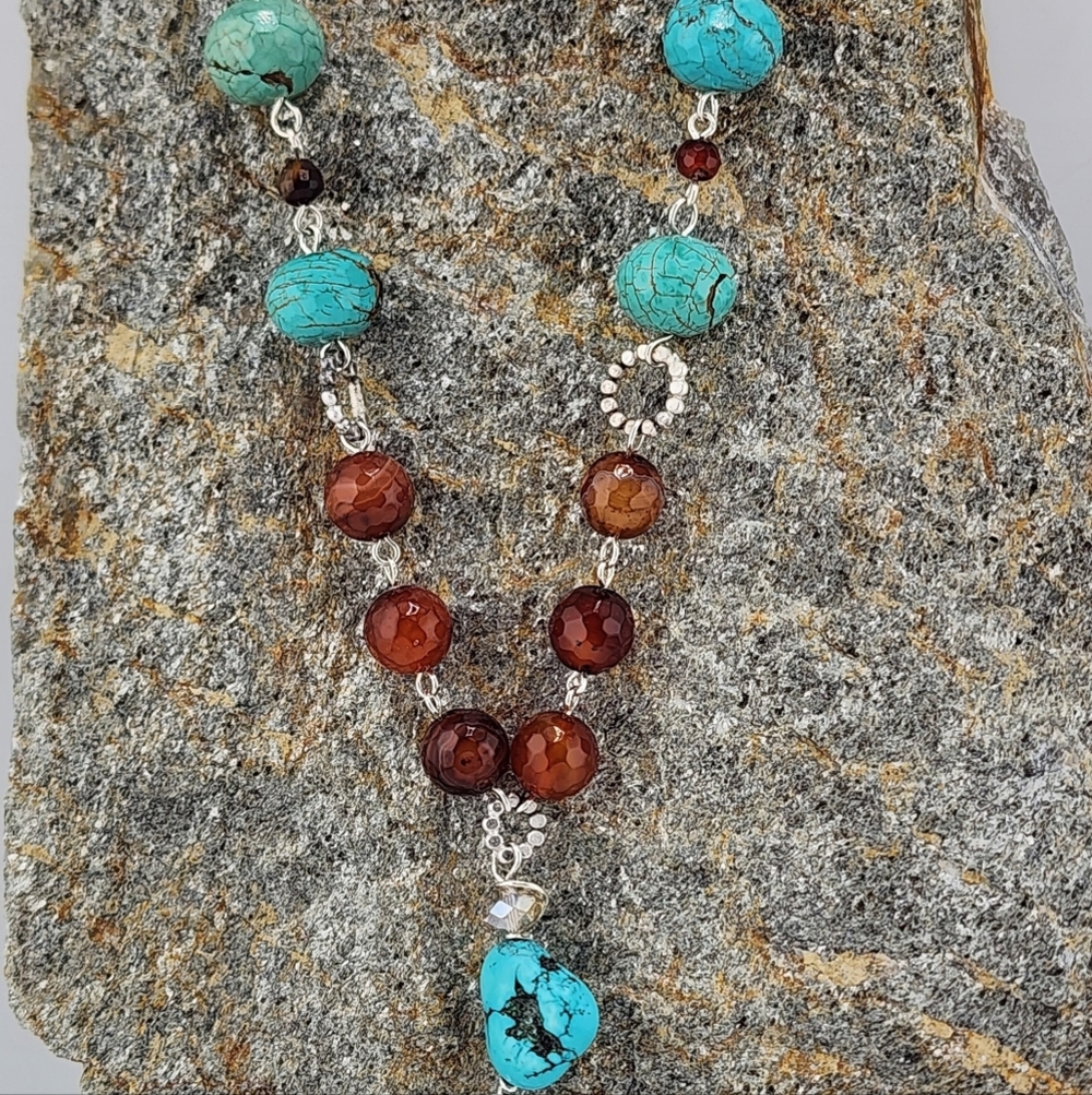 TURQUOISE, CARNELIAN, & DENDRITIC AGATE NECKLACE HANDMADE IN STERLING SILVER - Picture 9 of 9